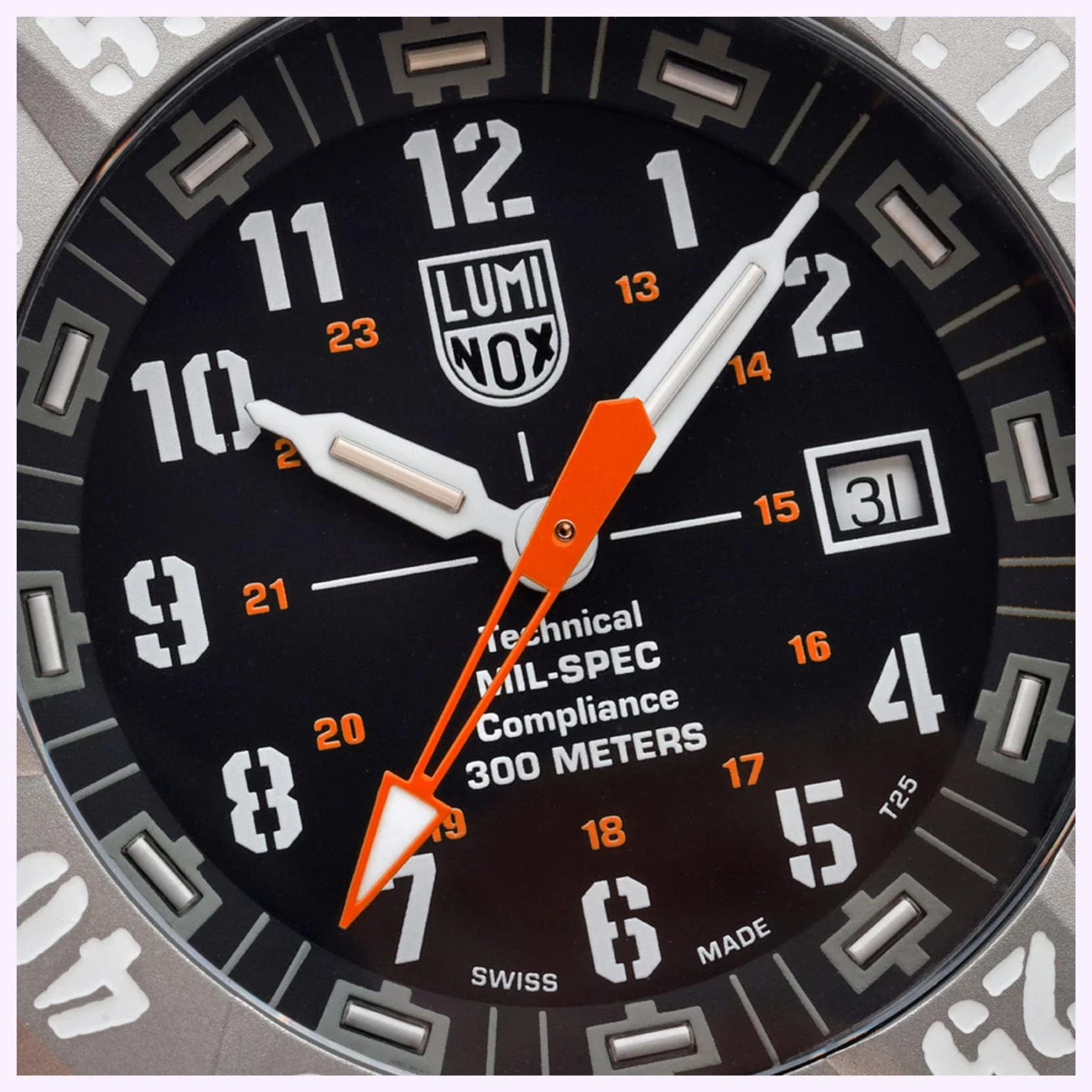 Close-up of a Luminox Watches MIL-SPEC XL.3359.SET at 10:08:36, showing bold white numerals, large white and orange hands, a date window at 31, and MIL-SPEC text highlighting its 300m water-resistant military dive design.