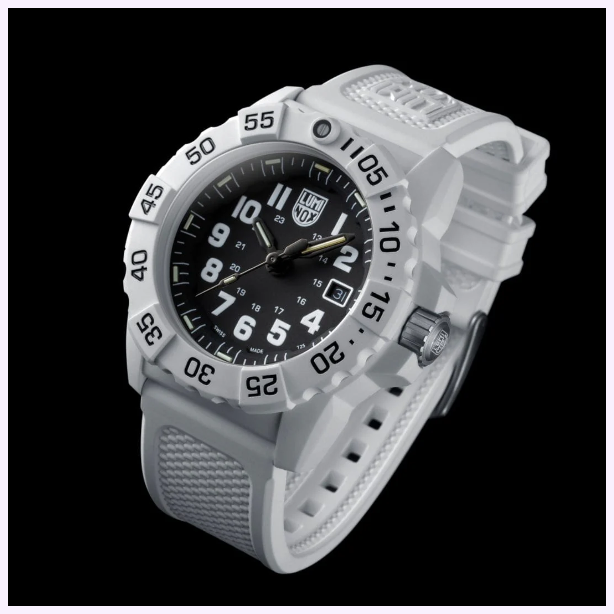 The Luminox Watches Navy SEAL 3500 XS.3507.WB features a black dial with white numerals, large bezel with minute markers, and a textured band, giving this Arctic Edition military dive watch a sporty and durable look.