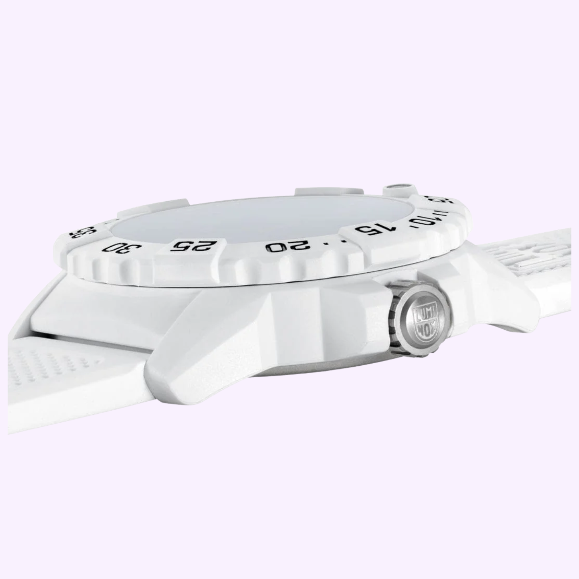 Side view of the Luminox Watches Navy SEAL 3500 XS.3507.WB in white, featuring a ridged bezel with numbered markings, visible crown, and textured strap set against a light purple background.
