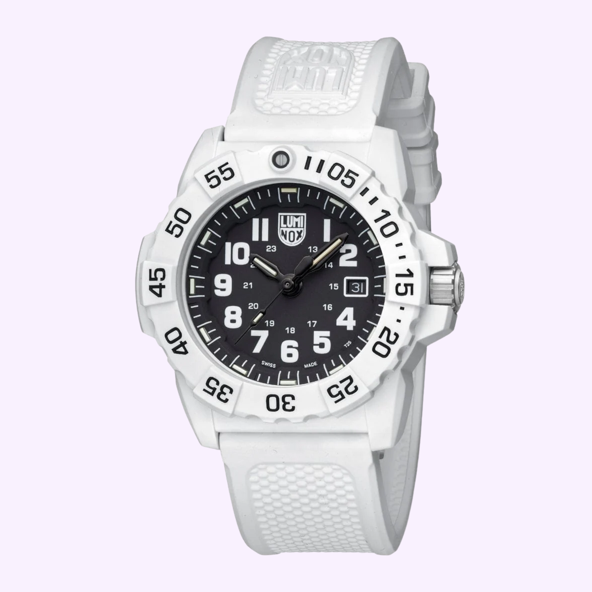 The Luminox Watches Navy SEAL 3500 XS.3507.WB features a black dial with white numerals, date display, and a textured white rubber strap—an Arctic Edition dive watch shown against a light purple background.