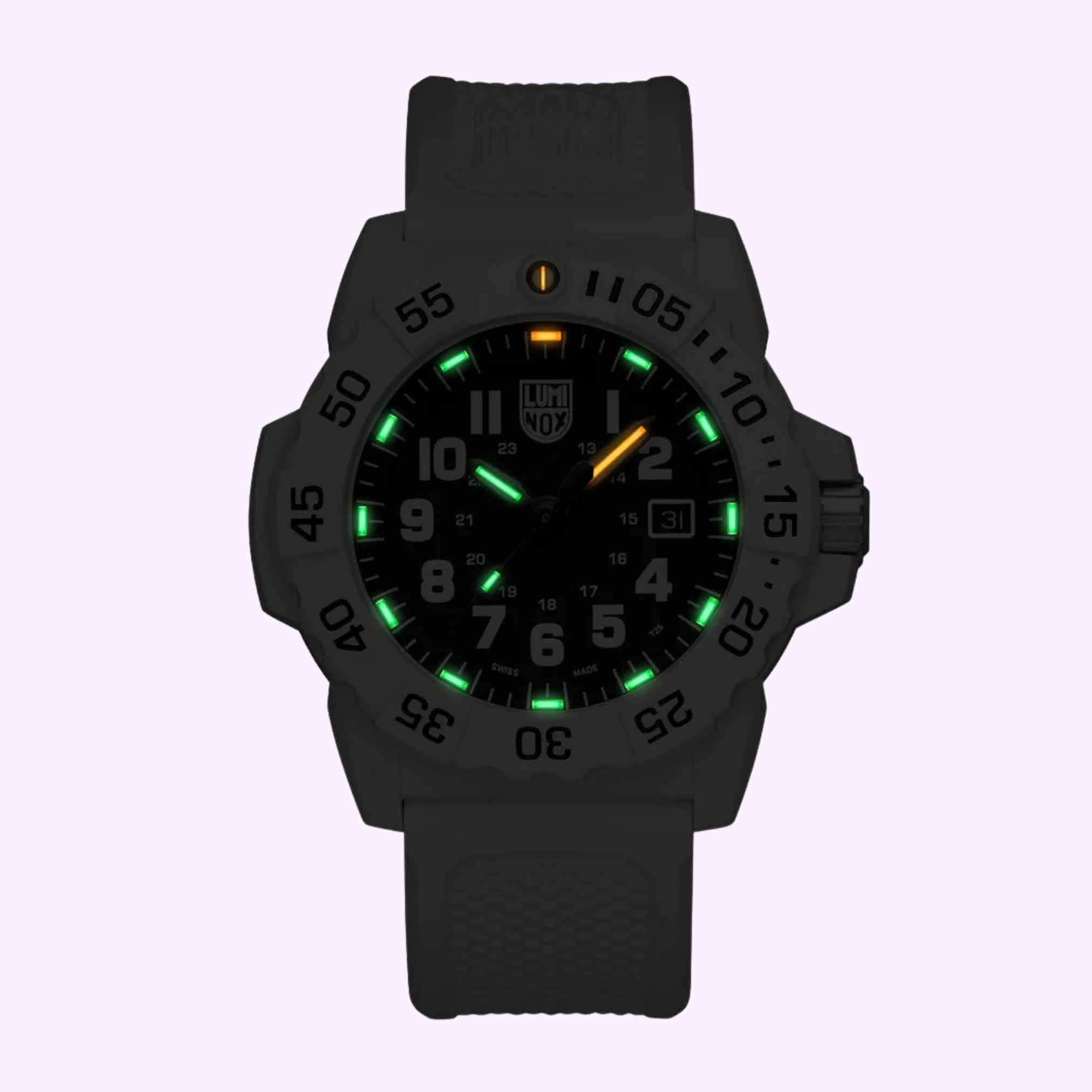 The Luminox Watches Navy SEAL 3500 XS.3507.WB features a black design, textured strap, glowing green hour markers, orange-tipped hour hand, luminous numbers, and a date display set against a light background.