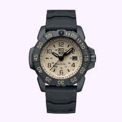 The Luminox Watches Navy SEAL Foundation XS.3251.CBNSF.SET features a black rubber strap, beige dial with bold black numerals, date at 3 o’clock, and a CARBONOX bezel with minute markers for rugged durability.