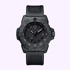 The Luminox Watches Navy SEAL XS.3501.BO.F (UPC: 7630040945530) features a black CARBONOX case, textured strap, bold numerals, and 200m water resistance, shown front-facing against a light purple background.