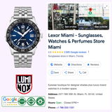 A Luminox Watches Pacific Diver Ripple XS.3123M.SET.1 (UPC: 7611382654717) is shown next to a Google listing for Lexor Miami, a retailer offering sunglasses, watches, and perfumes with photos, reviews, contact info, address, and hours.