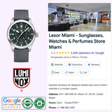 A Luminox Watches VOLITION AMERICA 'Flight Force' Pilot Watch (42 mm, model XA.9522.VOL, UPC 7611382667489), the Luminox Watches logo, and Google rating badges are displayed alongside a Lexor Miami store photo and its business details—including address, reviews, and contact number—with a special feature on VOLITION AMERICA.