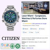 A Citizen Watches Promaster Navihawk A-T AT8220-55W dive watch with a striking blue dial is displayed next to a Google listing for Lexor Miami, a sunglasses and watches store boasting a 5-star rating and interior photos. The store's contact information and logos are also visible, showcasing their range of advanced timepieces such as the Eco-Drive watch featuring Atomic Timekeeping technology from Citizen Watches.