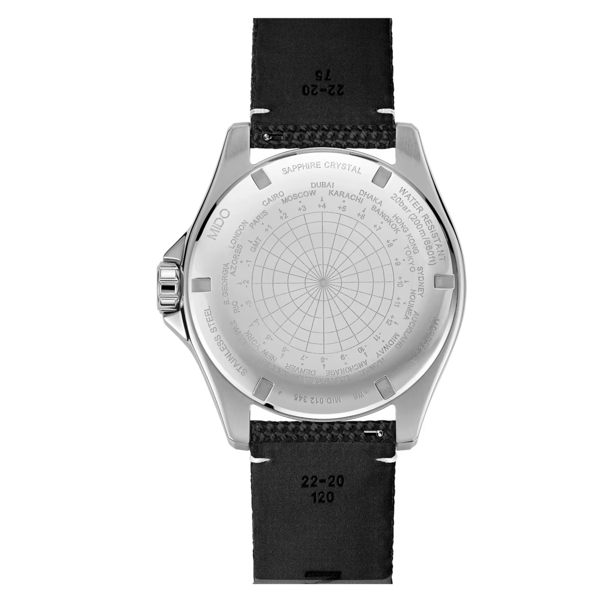 The image displays the back of the Mido Watches Ocean Star GMT M0266291705101, a Swiss automatic diver watch with a sapphire crystal case and black leather strap. The engraved case back features a world time zone chart and city names like Miami.