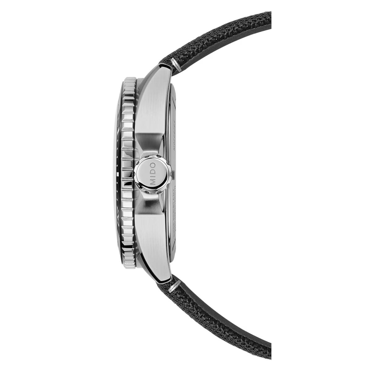 Side view of the Mido Watches Ocean Star GMT M0266291705101, a sleek Swiss automatic diver with a textured bezel, crown marked MIDO, and black leather strap featuring a modern silver case for both style and function.