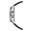 Side view of the Mido Watches Ocean Star GMT M0266291705101, a sleek Swiss automatic diver with a textured bezel, crown marked MIDO, and black leather strap featuring a modern silver case for both style and function.