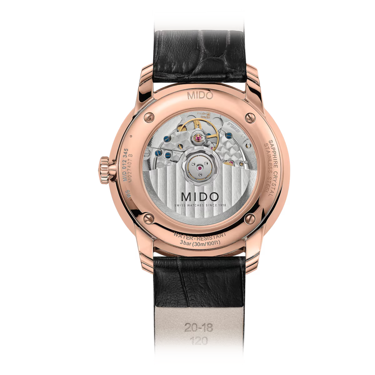 The image shows the back view of the Mido Watches Baroncelli Heritage M0274073626100, featuring a rose gold PVD case, visible mechanical movement, engraved details, and a black leather strap.
