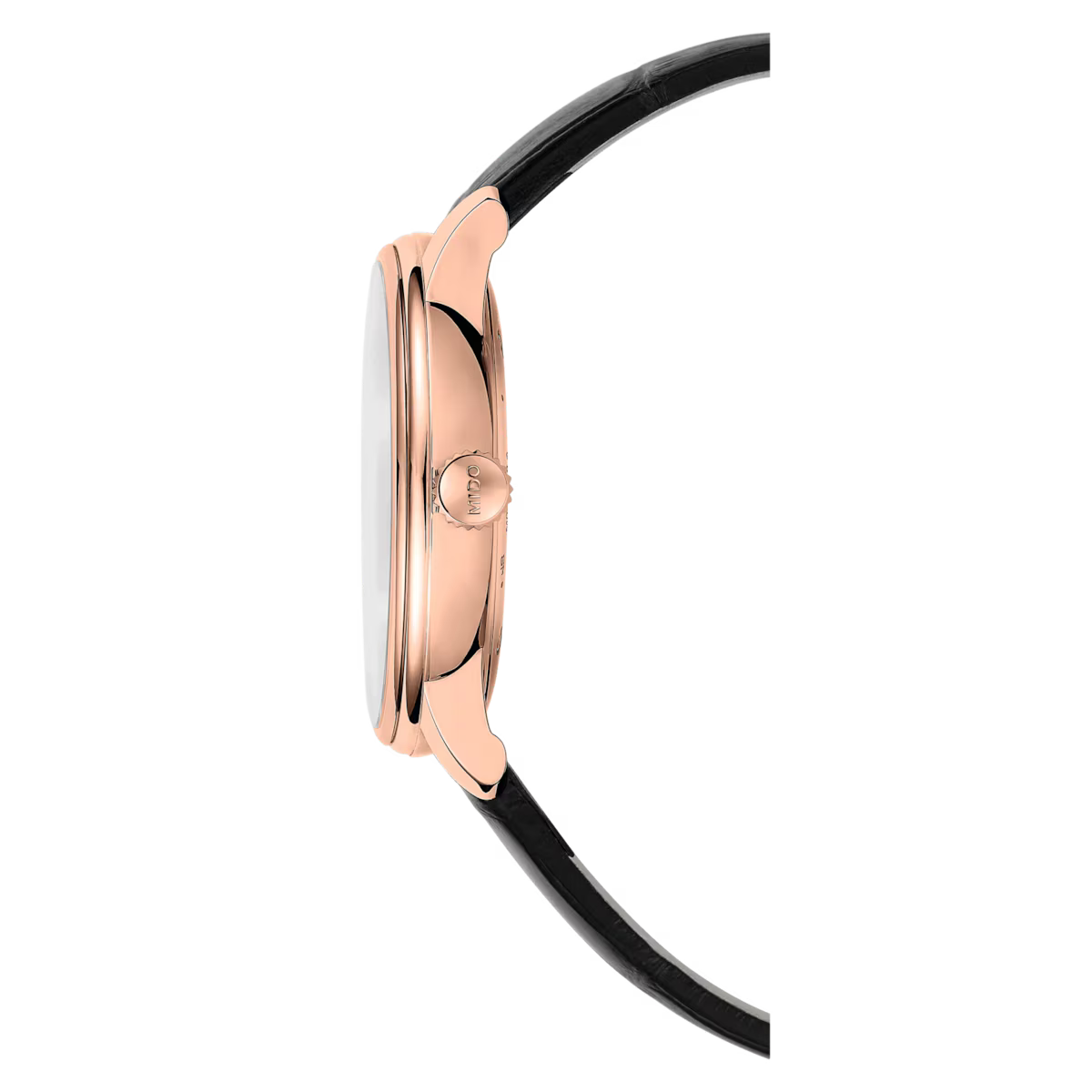 A side view of the Mido Baroncelli Heritage M0274073626100 by Mido Watches showcases its slim rose gold PVD case, ridged crown, and black leather strap, highlighting the elegant thinness of its Swiss automatic profile.