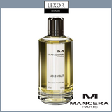 Mancera Aoud Violet 4.0 oz. EDP Women Perfume by Mancera Perfumes, shown in a clear cylindrical bottle with a dark cap on a white background with Lexor Miami and Mancera Paris logos—a bold, sophisticated fragrance.