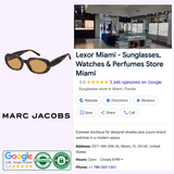 Image shows a Google listing for Lexor Miami, a sunglasses store, featuring store info, reviews, images of the interior and luxury sunglasses displays, including the MARC JACOBS Sunglasses MARC 887/G/S 086 HVN from MARC JACOBS Sunglasses, as well as a phone number and various review badges.