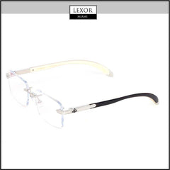 The image showcases Maybach Optical's THE SYMPHONY I PA-WBG-Z65 57-18-145: rimless eyeglasses with clear lenses, a palladium plated titanium bridge, and black-and-beige gradient temples. The LEXOR Miami logo appears at the top center.