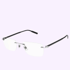 The Montblanc Sunglasses MB0221O 007 59 Metal Injected Man Optical Frame features rimless eyeglasses with rectangular clear lenses, a thin silver bridge, adjustable nose pads, and slim black arms, displayed on a light purple background.