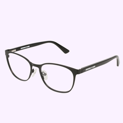 The MCQ MQ0116OP 001 50 Unisex Optical Frame by MCQ Sunglasses features a black full rim metal rectangle design with clear lenses and adjustable nose pads. Simple and modern, it has straight arms and is shown on a light lavender background.