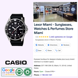 A G-Shock Watches CASIO MDV106-1AV dive watch is shown next to a Google listing for Lexor Miami, a store offering sunglasses, watches, and perfumes, with the address, hours, reviews, interior photo, Casio logo, and Google review badge.