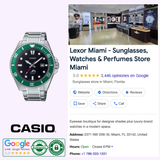 A G-Shock Watches CASIO G-Shock Watch Analog MDV106DD-1A3 with a stainless steel band is shown beside a Google search result for Lexor Miami store, highlighting the store's interior, location, contact info, and top Google ratings.