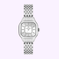 The Michele MWW33B000008 Meggie Stainless Steel Diamond Dial Watch by Michele Watches, featuring a square face, stainless steel link band, diamond hour markers, and logo on the dial, is shown on a light purple background.