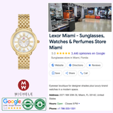 On the left: MICHELE Watches SEREIN MID wristwatch (model MWW21B000160, UPC 99945535944) by Michele Watches; on the right, interior of the Lexor Miami store with store information, reviews, and contact details. Logos for MICHELE Watches and Google Reviews are shown below.