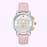 The MICHELE Watches SPORTY SPORT SAIL MWW01P000023 wristwatch by Michele Watches features a pink silicone strap, silver face with gold and silver accents, three subdials, date at 6 o’clock, and gold pushers. Upc: 99945539089.