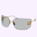 Presenting the 100% authentic Miu Miu 0MU 54YS 5AK30B 80 Sunglasses, featuring a rimless oversized design with gray lenses, gold arms, and gold accents on the lenses showcasing the MIU MIU text. Set against a light purple background and accompanied by original packaging from the Miu Miu Sunglasses brand.