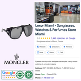 Black shield-style Moncler Diffractor ML0206 05C 66 Unisex Injected Sunglasses with thick frames, shown next to a business listing for Lexor Miami including store information, contact details, and a store interior view.