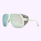 Oversized white Moncler Diffractor ML0206 24C 66 Unisex Injected Sunglasses featuring a single reflective lens, grey side shields, and a small logo on the temple.