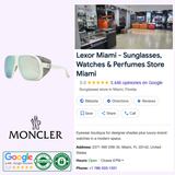 White Moncler Diffractor ML0206 24C 66 Unisex Injected Sunglasses with mirrored shield-style lenses displayed next to a store profile featuring a showroom photo, contact details, and a 5-star Google rating.