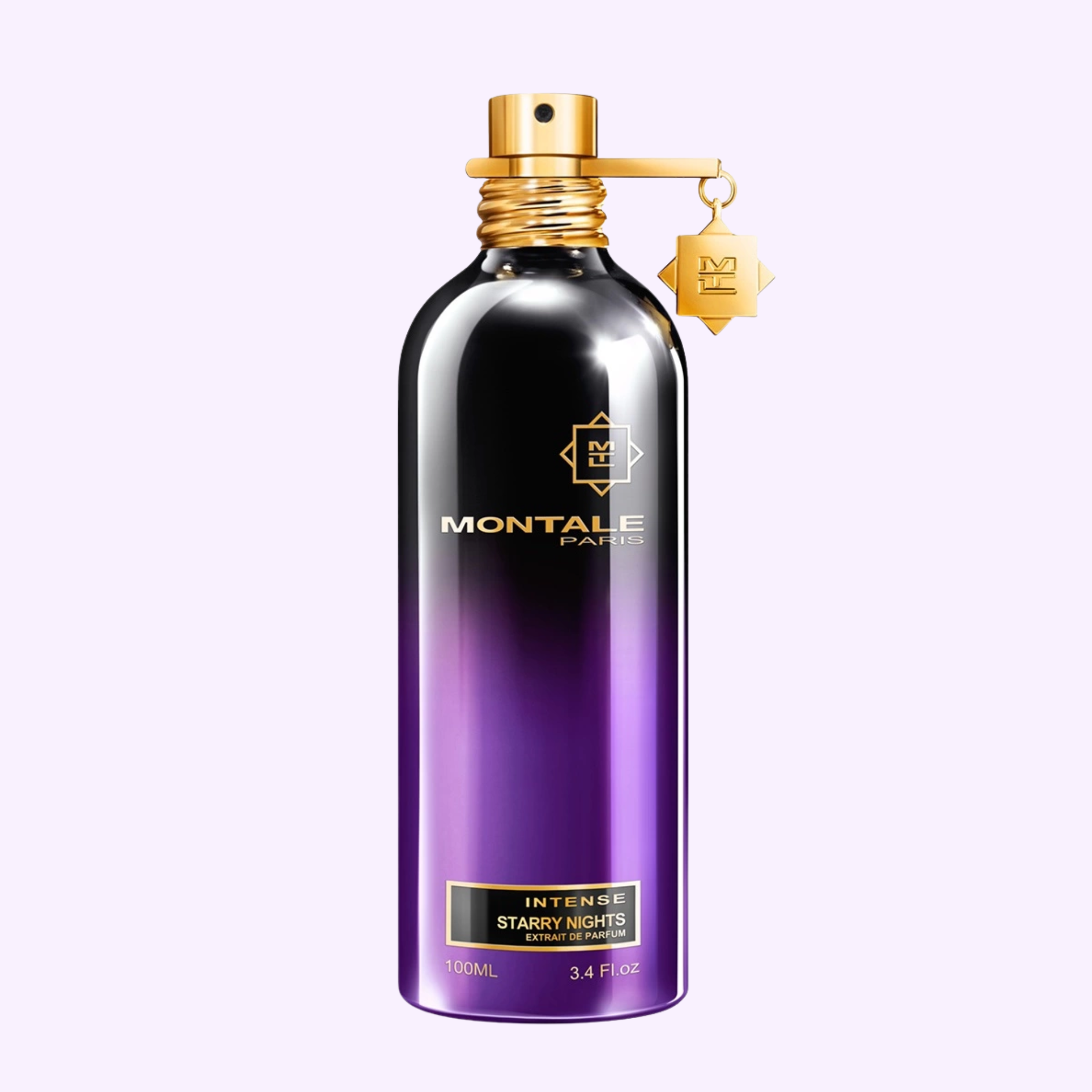 A metallic Montale Perfumes bottle fades from black to purple, with a gold cap and charm. The label reads MONTALE Intense Starry Nights EDP 3.4 Oz. The soft lavender background enhances the elegant design.