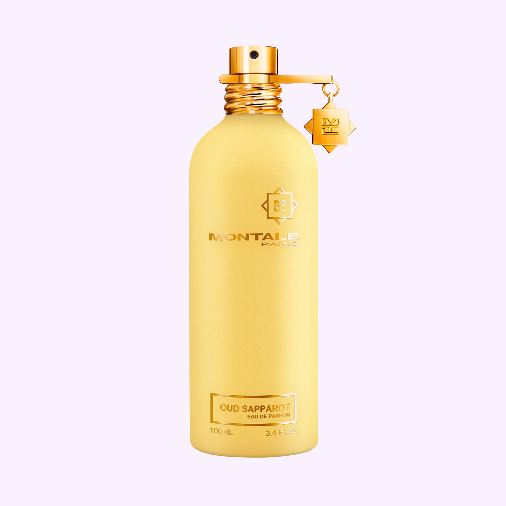 A gold MONTALE Oud Sapparot EDP 3.4 Oz bottle from Montale Perfumes, with a gold tag at the neck against a light purple background, highlights the luxurious allure of smoky oud.