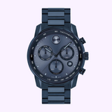 The MOVADO BOLD Verso 3600868 by Movado Watches (UPC: 885997446396) is a modern blue chronograph watch with three subdials, date display, stainless steel case, and tachymeter bezel set on a light purple background.