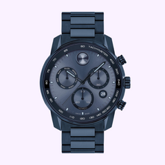 The MOVADO BOLD Verso 3600868 by Movado Watches (UPC: 885997446396) is a modern blue chronograph watch with three subdials, date display, stainless steel case, and tachymeter bezel set on a light purple background.