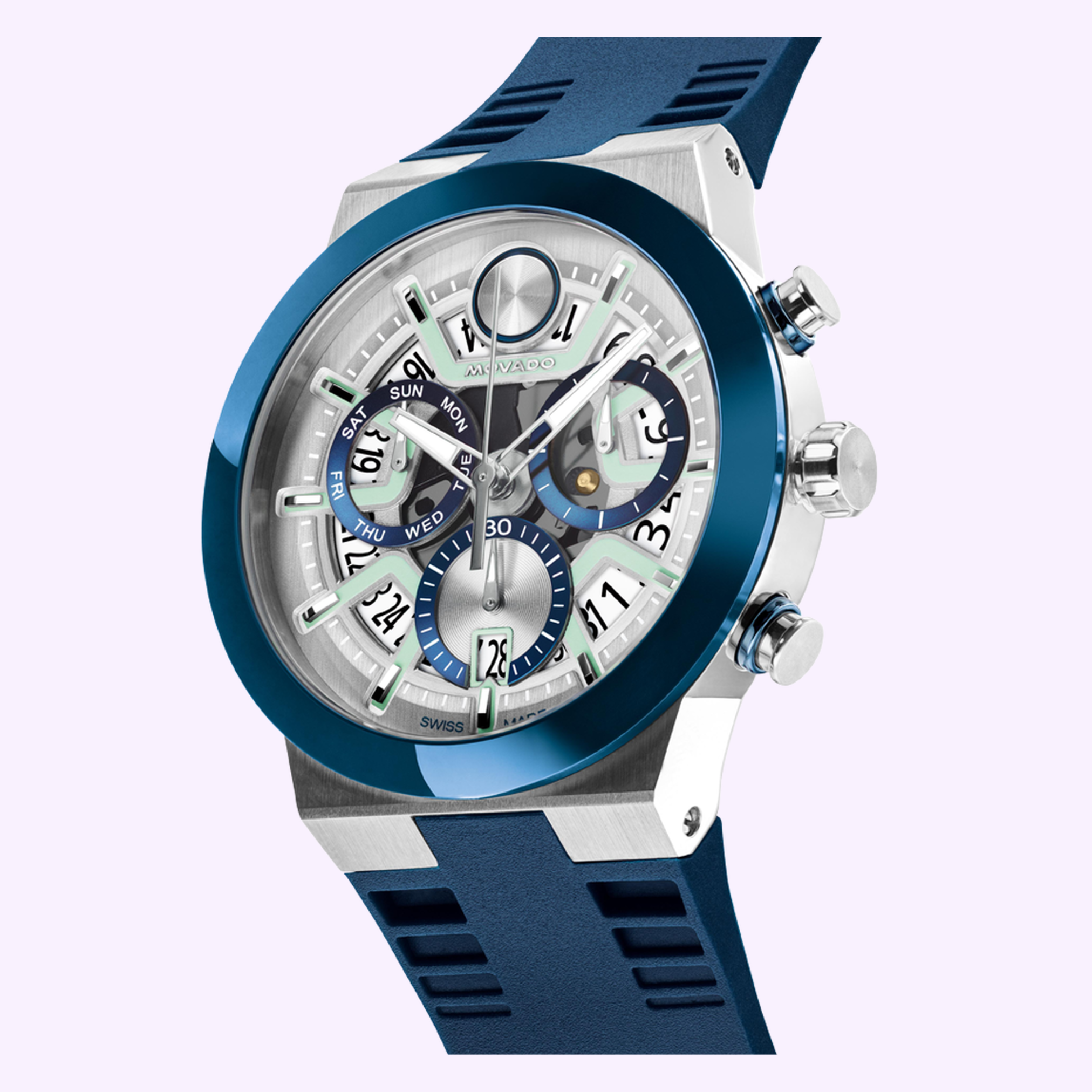 The MOVADO WATCHES BOLD Fusion Chronograph 3601240 by Movado Watches features a blue ceramic bezel, silver case, blue strap, and skeleton dial with subdials, date and day displays, plus exposed gears for a modern touch.