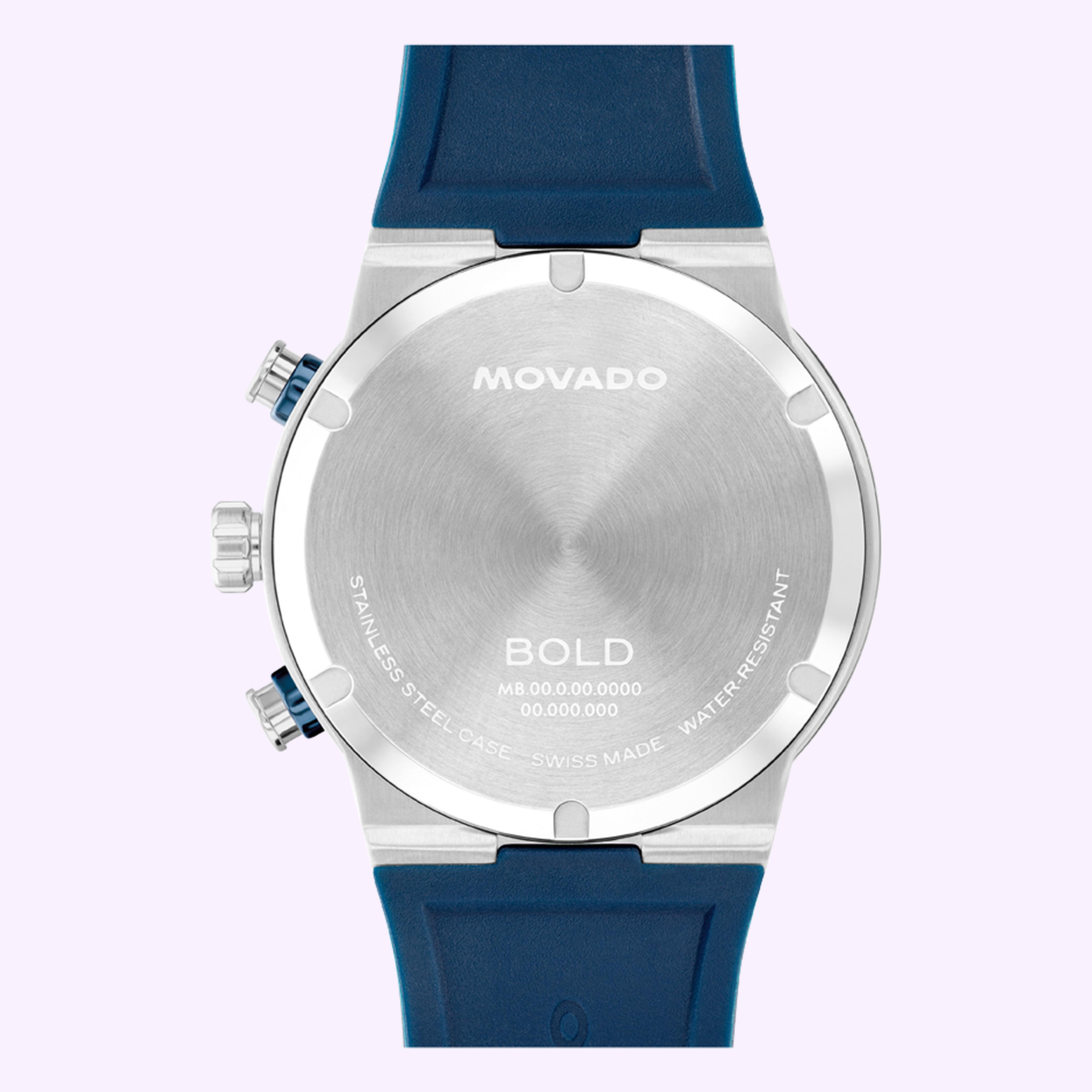 The back of the MOVADO WATCHES BOLD Fusion Chronograph 3601240 features a stainless steel case, blue straps, two pushers, crown, signature ceramic bezel, and is engraved with “MOVADO,” “BOLD,” and water resistance details.