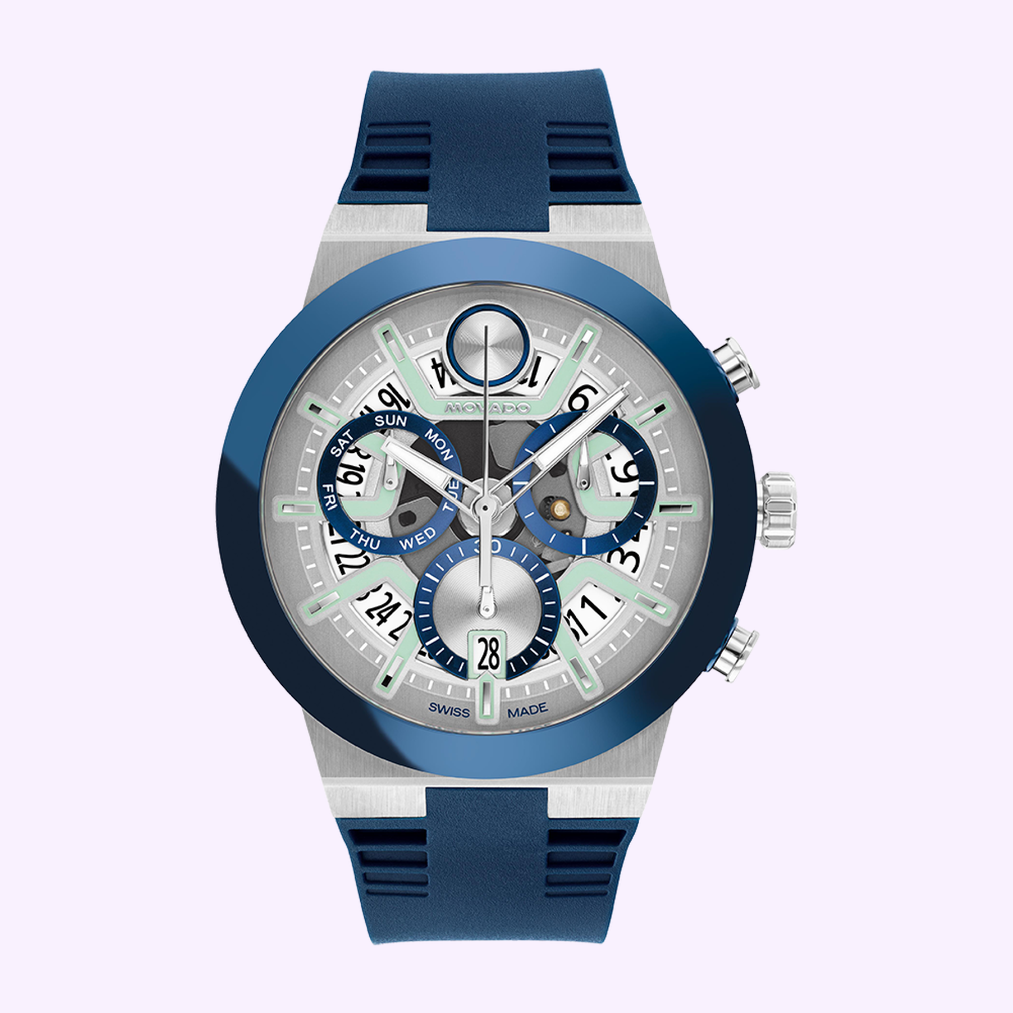 The MOVADO WATCHES BOLD Fusion Chronograph 3601240 by Movado Watches features a blue and silver analog face, ceramic bezel, multiple subdials, blue strap, and displays the day, date, and 24-hour time.