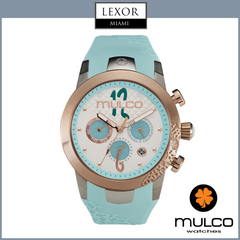 The Mulco MW3-22872-143 Lady D Watch by Mulco Watches features a light blue strap, rose gold accents, multiple subdials on a white face, is water resistant, and displays the Lexor Miami and Mulco Watches logos.