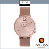 The Mulco MW3 17219 033 Couture Iconic features a rose gold case, minimalist face, stainless steel mesh strap, and stylized script detail; shown on a white background with Lexor Miami and Mulco Watches logos.