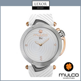 The Mulco MW5 4822 011 Be Zen Women’s Watch by Mulco Watches features a white textured band, large stainless steel silver and rose gold case, and minimalist white dial, shown on a white background with Lexor Miami and Mulco Watches logos.