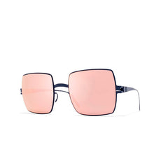 Inspired by Mykita Sunglasses, the Mykita Dusty F65 Navyblue Rosegold features oversized square frames, reflective pink lenses, thin navy blue rose gold arms, and a minimalist modern design.