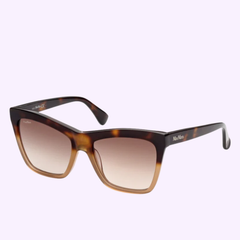 Max Mara MM0008 56F 55 Logo2 women sunglasses featuring a tortoiseshell cat-eye frame and brown gradient lenses, shown against a light purple background. The Max Mara Sunglasses brand name appears on the left temple, highlighting its Italian luxury heritage.