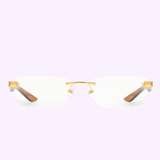 Maybach Optical Frames THE ARTIST III G-WBV-Z25 rimless eyewear with a gold bridge, gold hinges, and brown temples by Maybach Optical, displayed on a light lavender background.