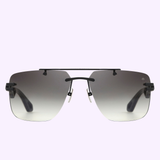 Maybach Sunglasses THE PRESIDENT I BM-WDS-M11 6 featuring a square rimless design with black gradient lenses, black temples, nose pads, and a slim black bridge, showcased on a light purple background.