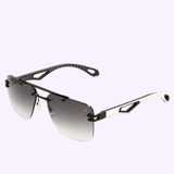 Sleek, modern Maybach Sunglasses THE PRESIDENT I BM-WDS-M11 6, featuring gray gradient lenses, a black metal frame, and geometric openwork arms, are elegantly displayed on a light purple background.