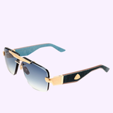 Maybach Sunglasses THE PRESIDENT II PA-WEV-M10 in gold and black, featuring blue gradient lenses and marble-patterned arms, displayed on a light purple background.