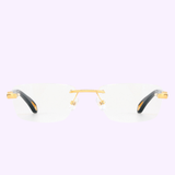 Maybach Optical Frames THE ARTIST IX G-AA-Z25 57-19-145 RX by Maybach Sunglasses feature rimless rectangular clear lenses, a platinum-plated titanium gold bridge and temples, and black tips, shown on a light pastel background.