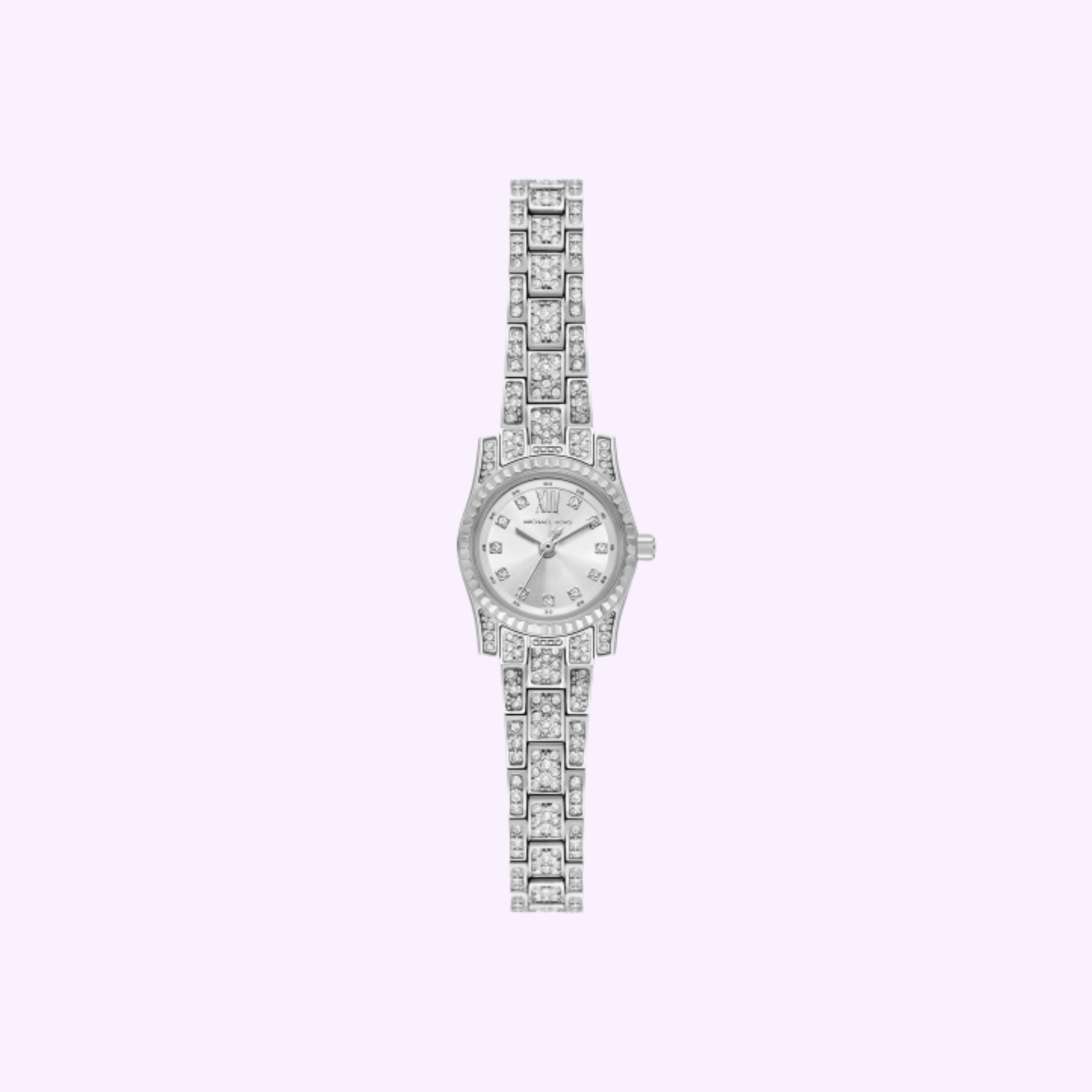 The Michael Kors Watches MK4864 is a silver luxury wristwatch with a diamond-studded bracelet and bezel, a round face, and metallic hour markers by Michael Kors Watches, shown on a light pastel background.