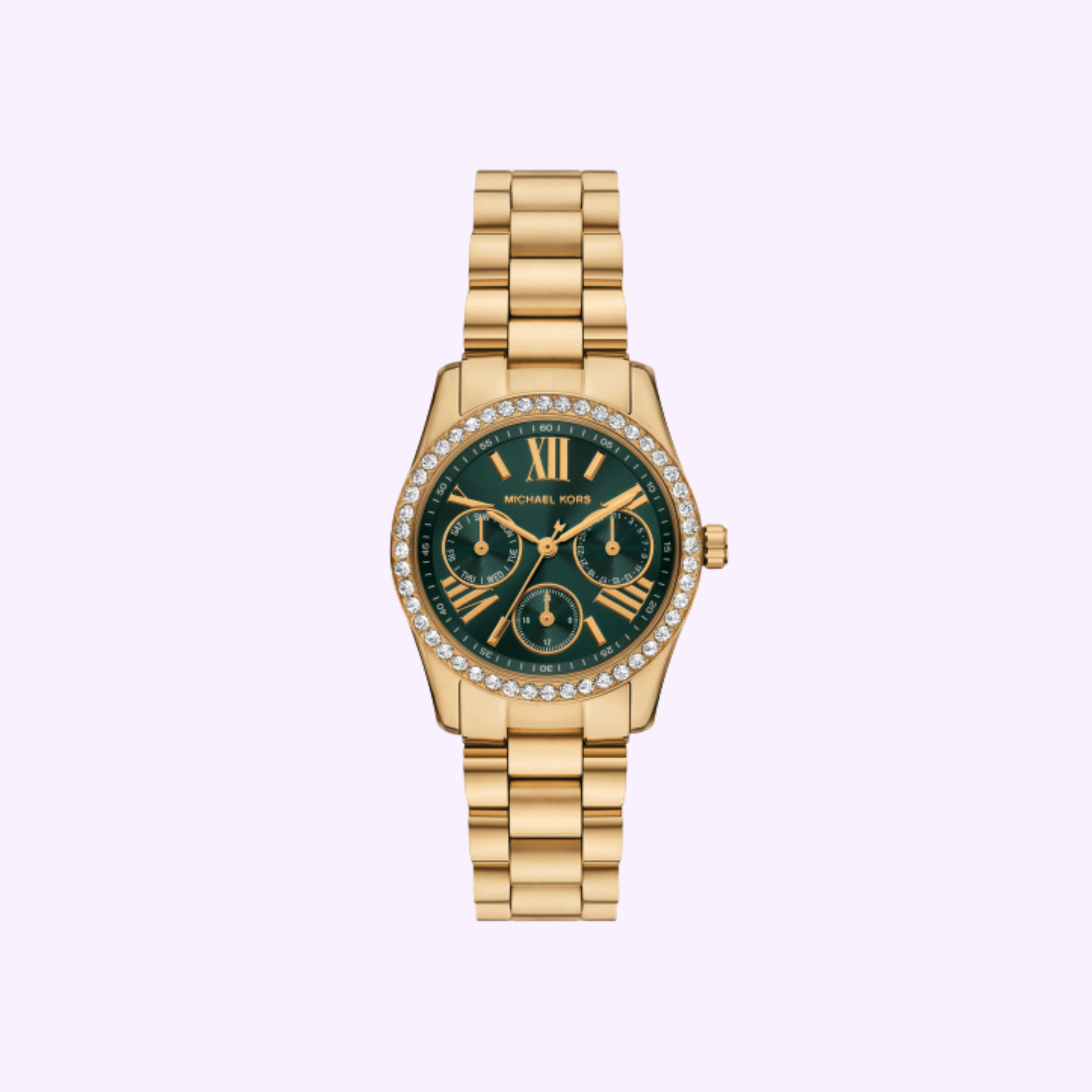 The Michael Kors Watches MK4924 wristwatch features a gold case, green dial with three subdials, and a crystal-studded bezel, showcased on a light lavender background.