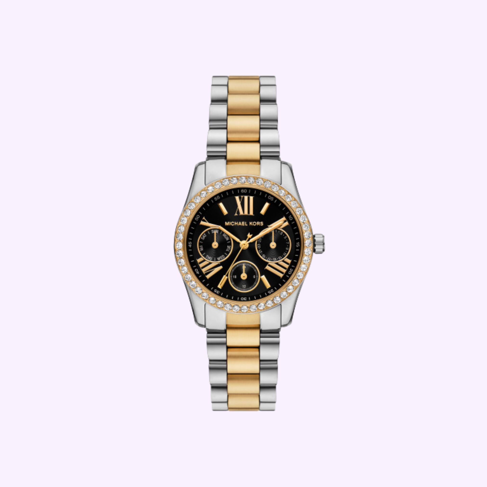 The Michael Kors Watches MK4925 features a two-tone gold and silver band, black dial with Roman numerals, three subdials, and a crystal-studded bezel, shown against a light purple background.