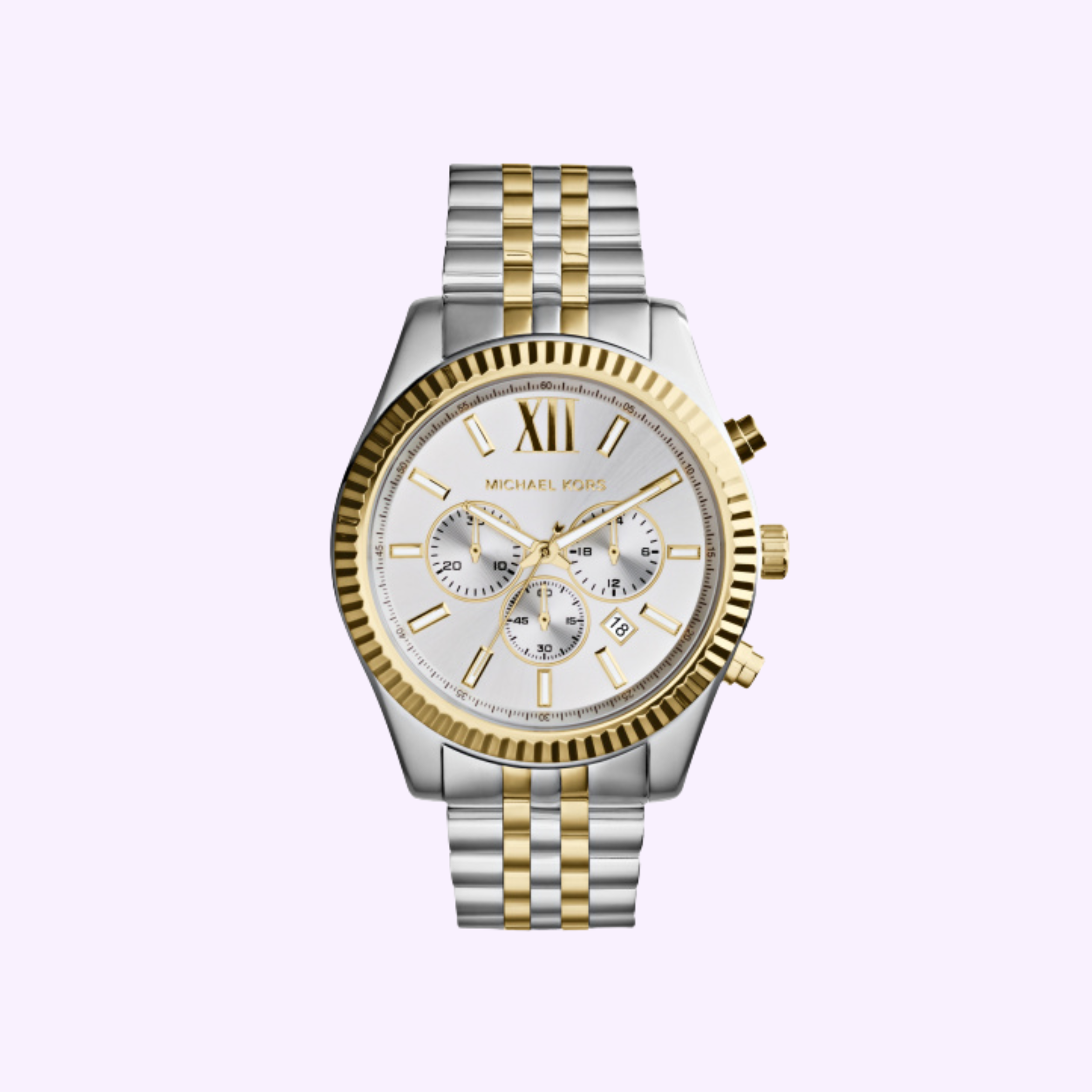 The Michael Kors Watches MK8344 features a round face with Roman numerals, three subdials, and a silver and gold metal link band, displayed on a light purple background.